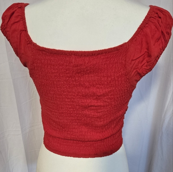 Japna Red Ruched Cap Sleeve Crop Blouse - Picture 2 of 7